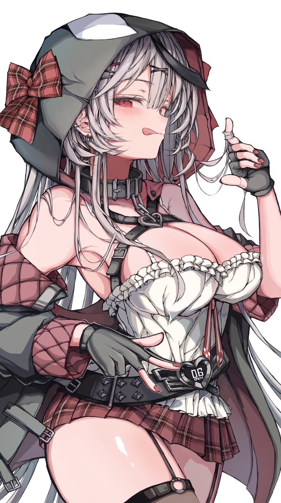 1girl animal_hood arm_up armpits black_collar black_gloves black_hair bow breasts camisole cleavage collar commentary_request cropped_torso ear_piercing eyelashes fingerless_gloves frilled_camisole frills from_side gloves hair_ornament half-closed_eyes hand_up heart_collar heart_pendant highres hololive hood kokutamotsu large_breasts licking_lips looking_at_viewer multicolored_hair nail orca_hood piercing plaid plaid_bow playing_with_own_hair pleated_skirt red_eyes red_nails sakamata_chloe sakamata_chloe_(1st_costume) shiny_skin simple_background skirt solo streaked_hair thighhighs tongue tongue_out upper_body virtual_youtuber white_background white_camisole x_hair_ornament