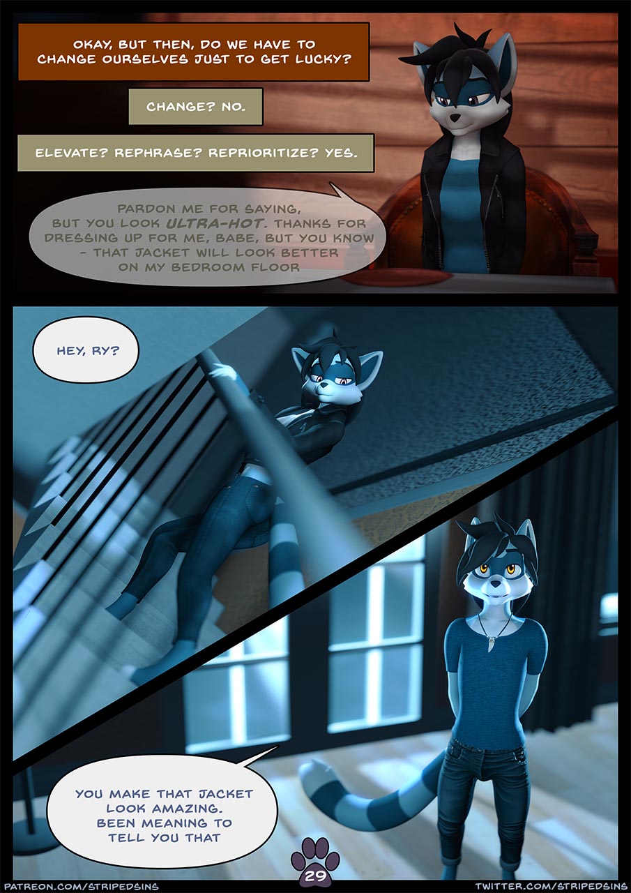 3d_(artwork) anthro black_hair blue_body blue_fur bomber_jacket bottomwear brother_(lore) brother_and_sister_(lore) chair clothed clothing comfort comforting comic comic_panel crop_top denim denim_clothing dialogue digital_media_(artwork) digitigrade duo english_text felix_(striped_sins) female fur furniture hair hi_res jacket jeans jewelry leather leather_clothing leather_jacket leather_topwear living_room male mammal necklace open_clothing open_jacket open_topwear orange_eyes pants procyonid purple_eyes raccoon restaurant ryder_(striped_sins) shark_tooth_necklace shirt sibling_(lore) sister_(lore) striped_sins t-shirt text topwear url willitfit