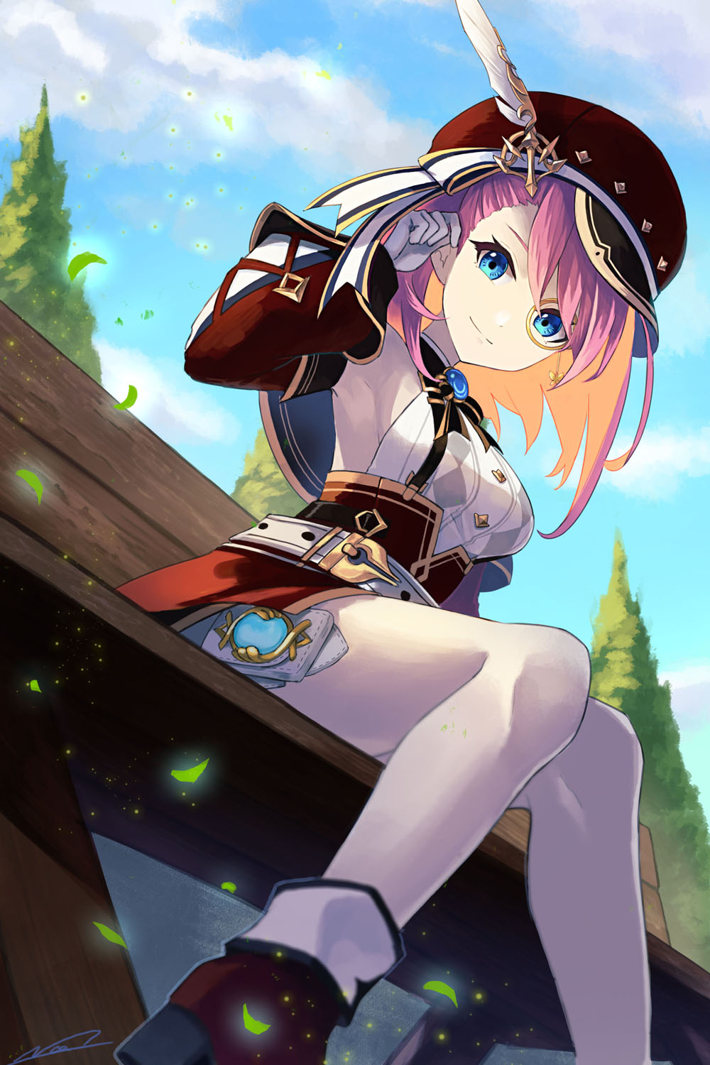 1girl belt bench black_bow black_bowtie blue_eyes blue_gemstone blue_sky boots bow bowtie breasts brooch buttons cabbie_hat charlotte_(genshin_impact) closed_mouth cloud commentary_request day detached_sleeves dutch_angle eyelashes eyewear_strap fold-over_boots gem genshin_impact gloves gold_trim hand_up hat hat_feather hat_ribbon high-waist_skirt highres jewelry kuro_(b_g) long_sleeves looking_at_viewer medium_breasts medium_hair monocle on_bench outdoors parted_bangs pink_hair pouch puffy_detached_sleeves puffy_sleeves red_footwear red_headwear red_skirt red_sleeves ribbon shirt signature sitting sitting_on_bench skirt sky sleeve_cuffs sleeveless sleeveless_shirt smile solo split_mouth suspender_skirt suspenders swept_bangs tree vision_(genshin_impact) white_belt white_gloves white_shirt