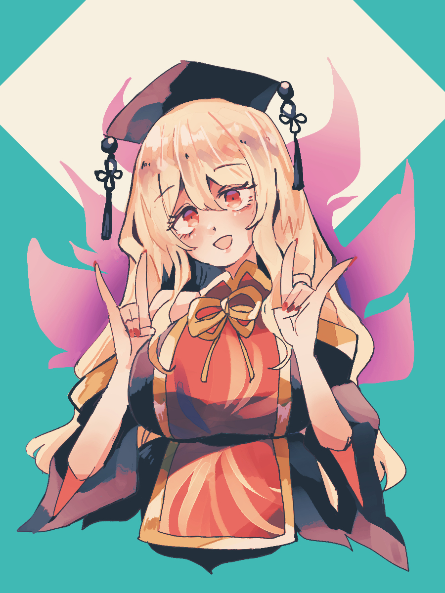 1girl black_dress blonde_hair blush breasts chinese_clothes dress energy fox_print fox_shadow_puppet hair_between_eyes hat highres junko_(touhou) legacy_of_lunatic_kingdom long_hair long_sleeves open_mouth phoenix_print ratto_(mobilis_1870) red_eyes red_tabard simple_background smile solo tabard touhou very_long_hair wide_sleeves