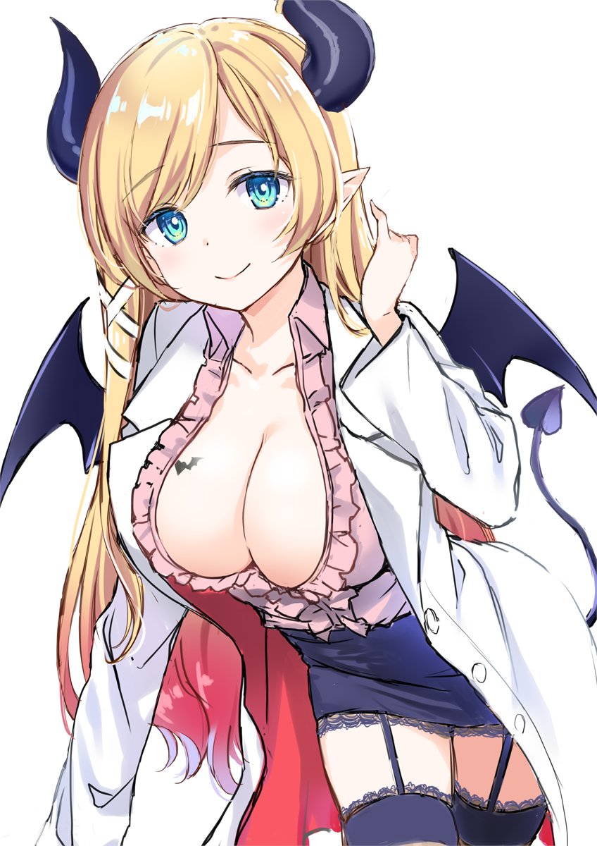 1girl black_horns blonde_hair breast_tattoo breasts cleavage demon_girl green_eyes highres hololive horns lab_coat long_hair looking_at_viewer pointy_ears simple_background solo tattoo virtual_youtuber white_background yuuki_hagure yuzuki_choco yuzuki_choco_(1st_costume)