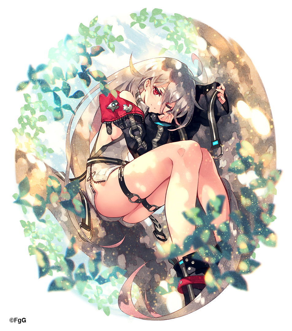 1girl ahoge ass_visible_through_thighs black_footwear black_jacket blue_sky closed_mouth daakuro grey_hair in_tree jacket laevateinn_(phantom_of_the_kill) light_rays long_hair o-ring o-ring_thigh_strap official_art one_eye_closed phantom_of_the_kill red_eyes sitting sitting_in_tree sky smile solo thigh_strap tree