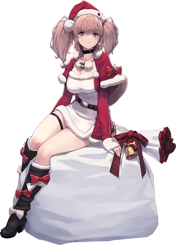 1girl atlanta_(kancolle) bell boots breasts brown_hair christmas cowboy_shot earrings fur_trim grey_eyes hat jewelry kantai_collection knee_boots large_breasts long_hair long_sleeves looking_at_viewer official_art santa_costume santa_hat shizuma_yoshinori sitting sitting_on_object solo star_(symbol) star_earrings two_side_up