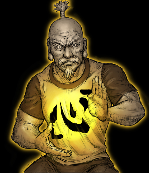 1boy beard biceps black_background clothes_writing commentary_request facial_hair glowing hands_up hunter_x_hunter isaac_netero long_earlobes looking_at_viewer male_focus monochrome muscular muscular_male old old_man outline shigumo_(shigeru) shirt short_sleeves simple_background solo topknot upper_body yellow_outline