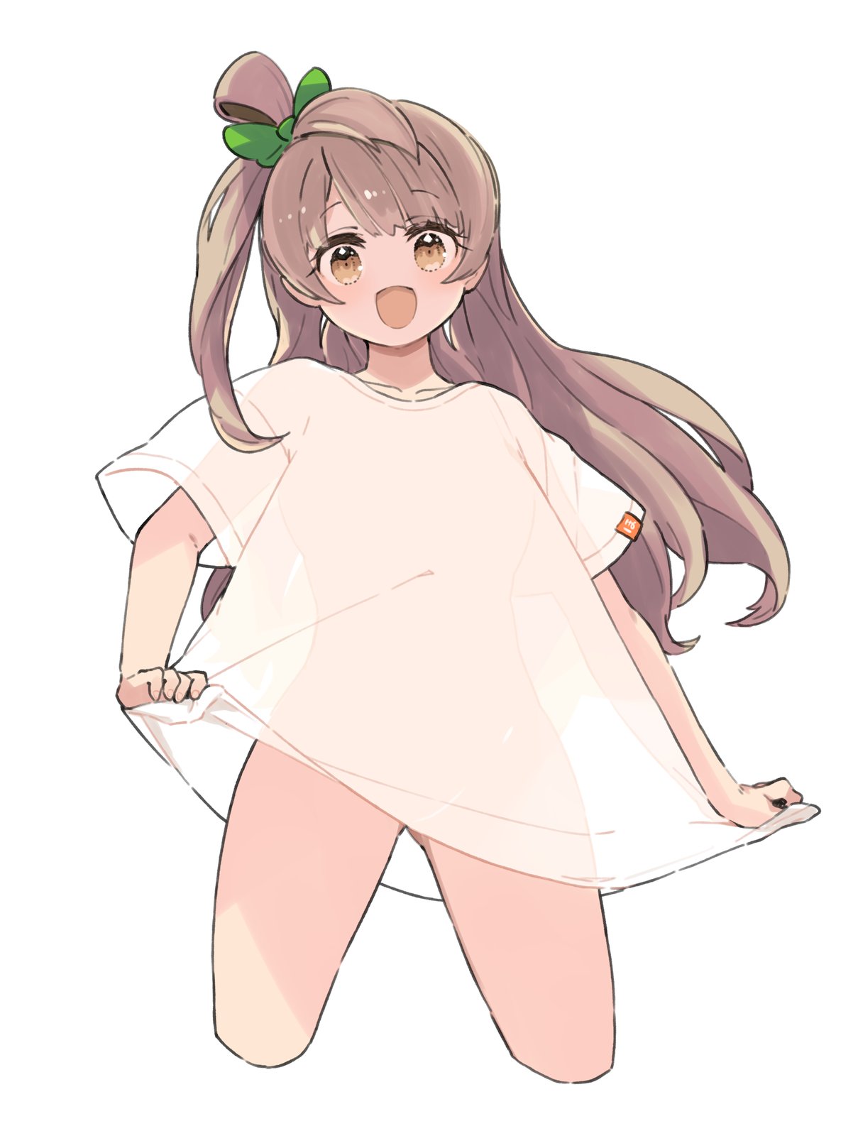 1girl bottomless bow brown_hair grey_hair hair_ornament highres long_hair looking_at_viewer love_live! love_live!_school_idol_festival love_live!_school_idol_project minami_kotori mota naked_shirt one_side_up open_mouth see-through shirt simple_background smile solo yellow_eyes