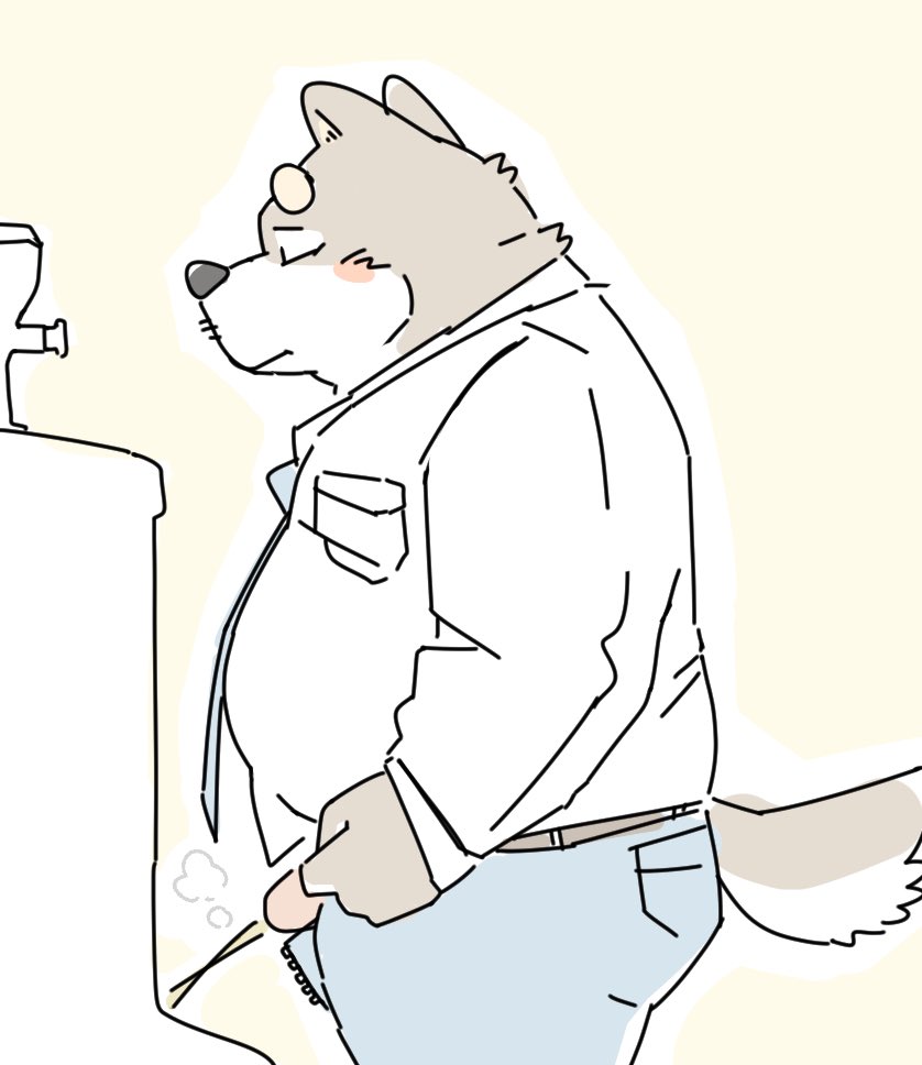 2023 anthro belly blush bodily_fluids bottomwear canid canine canis clothing domestic_dog fugashi4090 genital_fluids genitals kemono male mammal necktie overweight overweight_male pants peeing penis shirt solo topwear urine