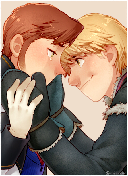 2boys comforting couple eye_contact from_side frozen_(disney) gloves hands_on_another's_cheeks hands_on_another's_face heads_together jitome kiri_futoshi kristoff_(frozen) long_sideburns looking_at_another male_focus multiple_boys olaf_(frozen) short_hair sideburns smile tearing_up yaoi