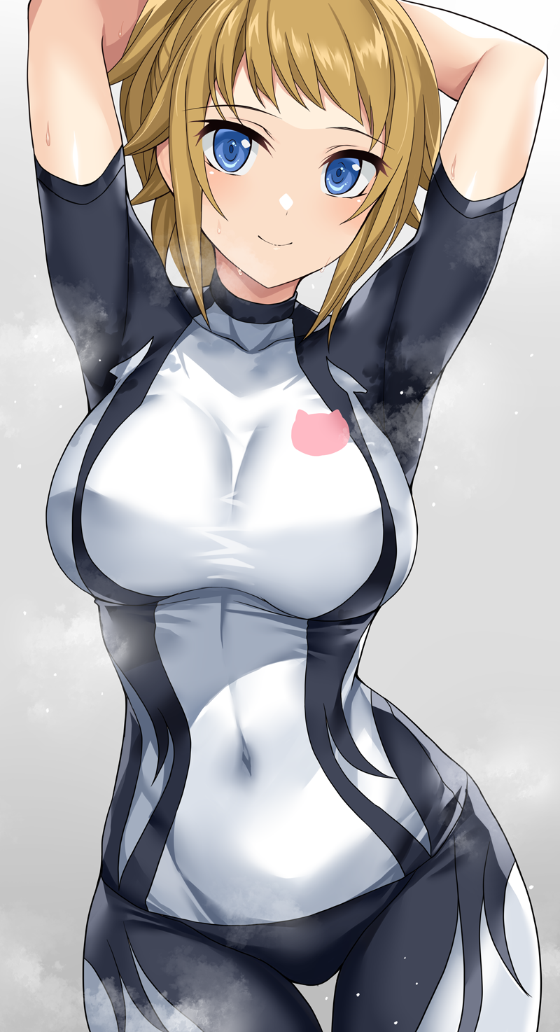 1girl arms_up black_bodysuit blue_eyes bodysuit breasts brown_hair closed_mouth commentary_request contrapposto covered_collarbone covered_navel cowboy_shot grey_background gundam gundam_build_fighters gundam_build_fighters_try highres hoshino_fumina large_breasts looking_at_viewer nirowata ponytail short_hair short_sleeves sidelocks smile solo standing steaming_body sweat taut_bodysuit thigh_gap two-tone_bodysuit white_bodysuit