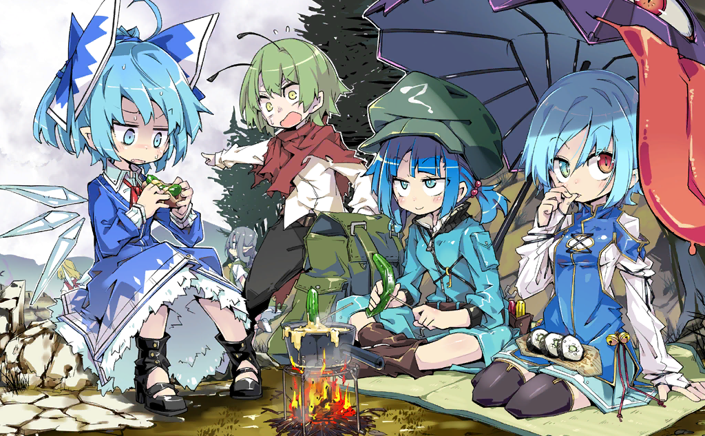 6+girls ahoge antennae ascot backpack bag bell belt black_collar black_footwear black_pants black_ribbon black_thighhighs blanket blonde_hair blue_bow blue_dress blue_eyes blue_hair boots bow brown_belt brown_footwear cabbie_hat campfire character_request cirno cleavage_cutout closed_mouth clothing_cutout cloud cloudy_sky collar collared_dress collared_shirt cooking_pot cucumber day dress eyelashes fairy fairy_wings finger_sucking fire flying_sweatdrops food fur-trimmed_dress fur_trim game_cg gold_trim grass green_bag green_eyes green_hair green_headwear green_vest grey_hair hair_bobbles hair_bow hair_ornament hand_on_own_chin hat heterochromia high_collar high_heel_boots high_heels holding holding_food ice ice_wings jingle_bell juliet_sleeves kawashiro_nitori key layered_sleeves long_dress long_hair long_sleeves low_twintails multiple_girls neckerchief noya_makoto official_art open_mouth outdoors pants pocket pointing pointy_ears ponytail puffy_sleeves raised_eyebrows red_eyes red_neckerchief red_ribbon red_scarf red_vest ribbon rock sandwich scarf shaded_face shirt short_dress short_hair short_over_long_sleeves short_sleeves short_twintails side_slit sitting sky sleeve_ribbon sleeveless sleeveless_dress sleeves_past_wrists slit_pupils smile soup steam sushi sweatdrop tatara_kogasa thighhighs tongue touhou touhou_cannonball tree triangle_print twintails umbrella unworn_bag v-neck vest wavy_eyebrows wavy_mouth white_shirt white_trim wide-eyed wings wriggle_nightbug yellow_ascot zipper zipper_pull_tab