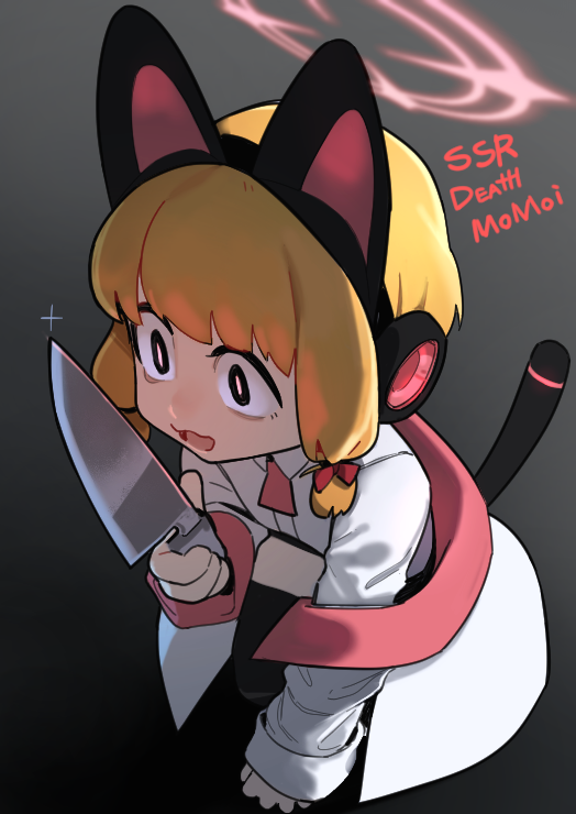 1girl animal_ear_headphones animal_ears blonde_hair blue_archive bow cat_ear_headphones fake_animal_ears fake_tail from_above full_body grey_background hair_bow halo hand_up headphones holding holding_knife hong_doo jacket knife long_sleeves momoi_(blue_archive) open_mouth red_bow shirt solo tail white_jacket white_shirt