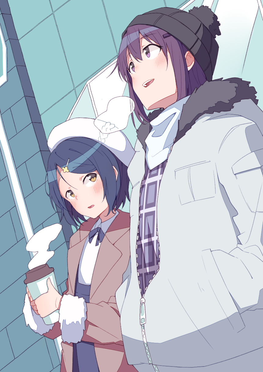 2girls beanie beret black_hair black_headwear breath brown_jacket cup day disposable_cup double-parted_bangs fur-trimmed_sleeves fur_trim gochuumon_wa_usagi_desu_ka? hair_between_eyes hair_ornament hairclip hands_in_pockets hat hetareeji highres holding holding_cup jacket jouga_maya light_blush long_hair long_sleeves multiple_girls open_mouth outdoors parted_bangs partially_unzipped pom_pom_(clothes) purple_eyes purple_hair short_hair smile steam tedeza_rize white_headwear white_jacket winter_clothes yellow_eyes zipper zipper_pull_tab