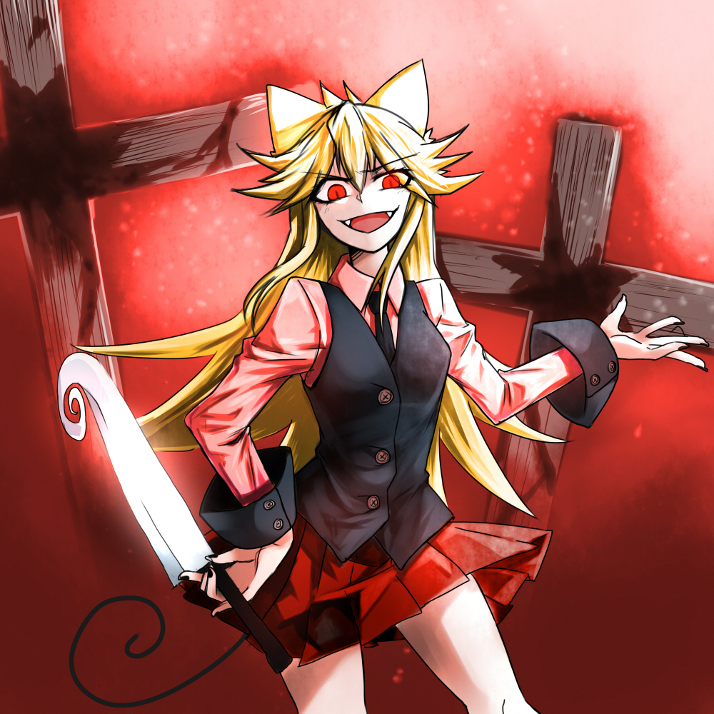 1girl :d animal_ears black_nails black_necktie black_vest blonde_hair breasts buttons collared_shirt commentary cowboy_shot cross crucifix evil_smile eyes_visible_through_hair fangs fingernails hair_between_eyes hand_on_own_hip holding holding_knife holding_weapon karadborg knife long_hair long_sleeves looking_at_viewer medium_breasts miniskirt moge-ko mogeko_castle necktie open_hand open_mouth pleated_skirt red_background red_eyes red_skirt shirt sidelocks simple_background skirt slit_pupils smile solo standing tail very_long_hair vest weapon