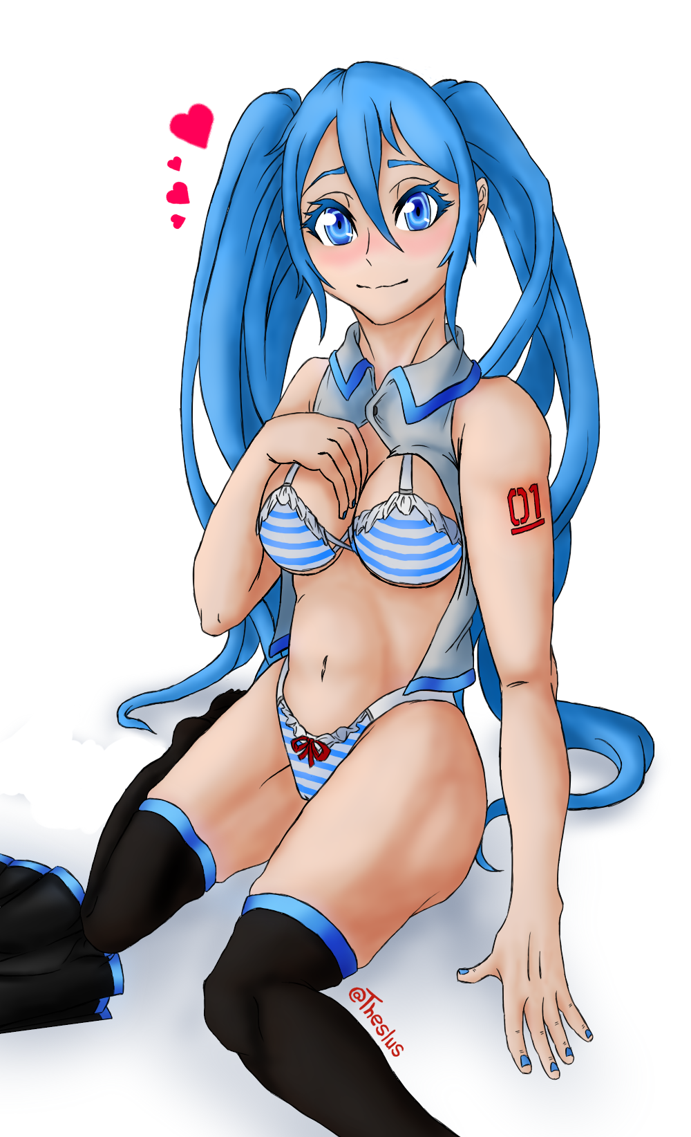 blue_eyes blue_hair blush bra hatsune_miku highres long_hair looking_at_viewer non-web_source number_tattoo open_clothes open_shirt panties sitting skirt skirt_removed solo striped striped_bra striped_panties tattoo thighhighs twintails underwear