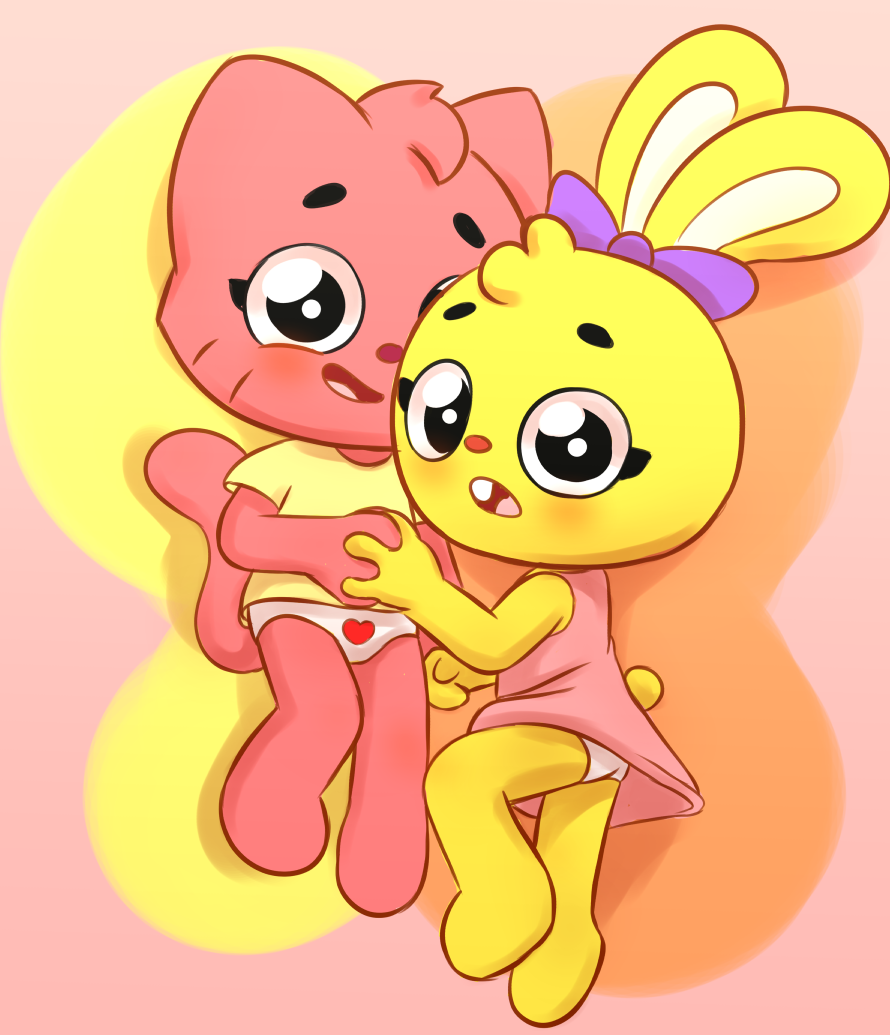 blush blush_lines clothed clothing domestic_cat duo felid feline felis female female/female kate_(playkids) lagomorph leporid looking_at_viewer mammal mimi_(playkids) nightgown panties playkids polygon5 rabbit simple_background underwear young