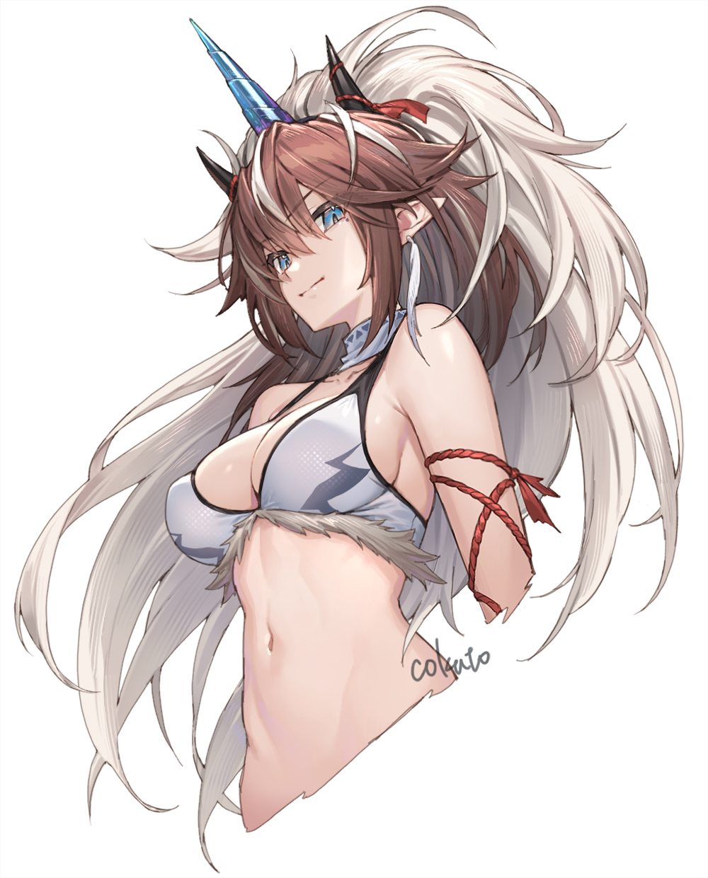 1girl arknights artist_name bikini bikini_top_only blue_eyes breasts brown_hair cleavage closed_mouth cokuto1 commentary cowboy_shot cropped_torso detached_collar earrings fake_horns fur-trimmed_bikini fur_trim hair_between_eyes highres horns jewelry kirin_r_yato_(arknights) light_smile long_hair looking_at_viewer mane medium_breasts mole mole_under_eye multicolored_hair navel pointy_ears signature simple_background solo stomach streaked_hair swimsuit tassel tassel_earrings two-tone_hair white_background white_bikini white_hair yato_(arknights)