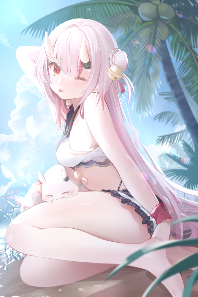 1girl bare_shoulders barefoot beach blush breasts gradient_hair grey_hair hair_bun hololive hololive_summer_2023_swimsuit horns long_hair mujinbensin multicolored_hair nakiri_ayame one_eye_closed oni oni_horns outdoors poyoyo_(nakiri_ayame) red_eyes red_hair small_breasts solo streaked_hair thighs tongue tongue_out virtual_youtuber