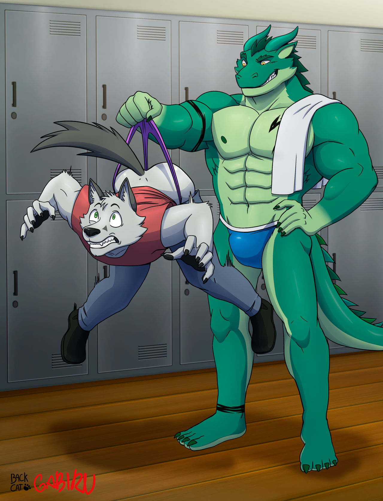 alligator alligatorid anthro backcat black_clothing black_footwear black_shoes blue_clothing blue_underwear bottomwear bulge bully butt canid canine canis clothing crocodilian denim denim_clothing dragon dress_shoes duo footwear fox fur furred_dragon furred_reptilian gabiru-san gabiruweee green_body green_scales grey_body grey_fur hanging_(disambiguation) hanging_wedgie hi_res holding_(disambiguation) humiliation hybrid jeans locker_room male male/male mammal muscular muscular_male outfit_change pants purple_clothing purple_underwear raised_arms red_clothing red_shirt red_topwear reptile scales scalie scared shirt spread_legs spreading standing stretching strong_scales tail teeth_showing thong topwear underwear wedgie wolf wrestling