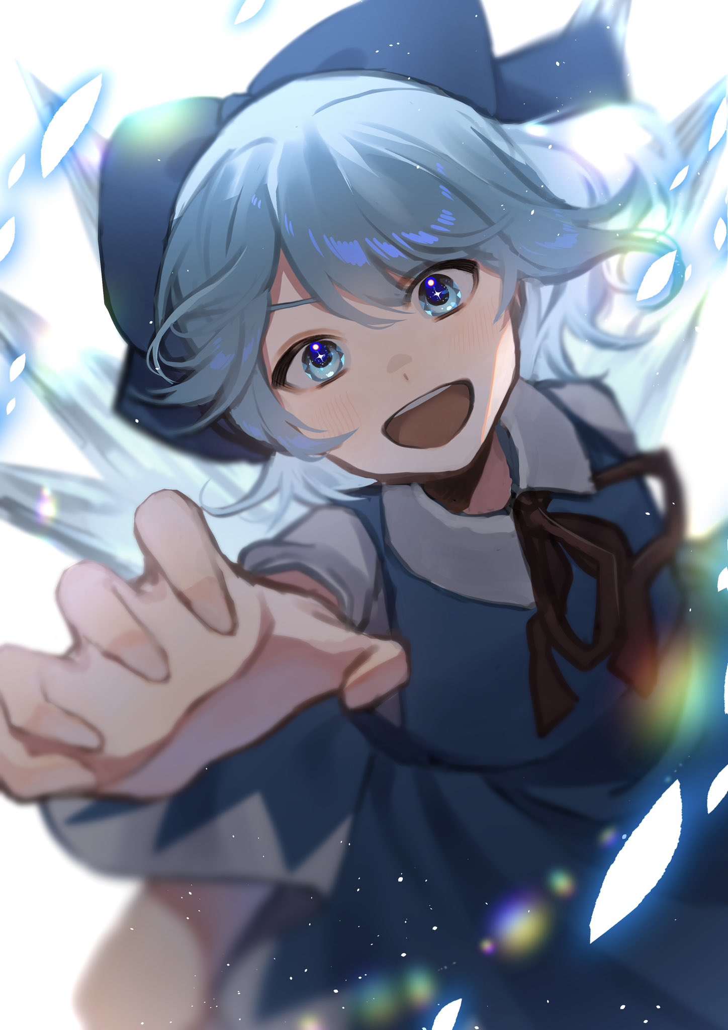 1girl :d backlighting bloom blue_bow blue_dress blue_eyes blue_hair blurry bow cirno commentary_request depth_of_field dress foreshortening hair_between_eyes hair_bow highres hugasi_27 ice ice_wings looking_at_viewer medium_hair open_mouth outstretched_arm overexposure reaching reaching_towards_viewer simple_background smile solo swept_bangs touhou white_background wings