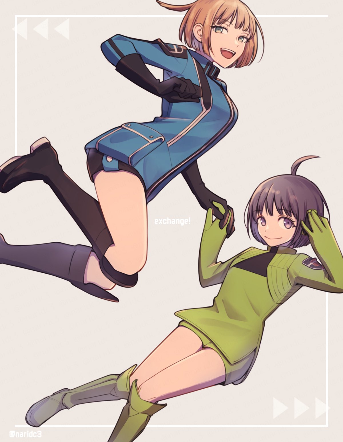 2girls :d ahoge amatori_chika black_eyes black_footwear black_gloves black_hair black_shorts blue_jacket bob_cut boots breasts brown_hair closed_mouth cosplay costume_switch floating gloves green_eyes green_footwear green_gloves green_jacket grey_background hands_up headphones highres holding_hands interlocked_fingers jacket jumping knee_boots knees_together_feet_apart konami_kirie looking_at_viewer mikumo_squad's_uniform multiple_girls naridc3 open_mouth pocket purple_eyes short_hair shorts smile world_trigger
