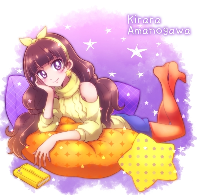 1girl amanogawa_kirara aran_sweater bare_shoulders blunt_bangs blush bow brown_hair cable_knit character_name clothing_cutout copyright_name earrings full_body go!_princess_precure hair_bow hairband head_rest jewelry long_hair looking_at_viewer lying nanjou_akimasa no_shoes on_stomach pantyhose pillow precure purple_eyes shorts shoulder_cutout skirt smile solo star_(symbol) star_earrings sweater turtleneck turtleneck_sweater twintails yellow_hairband yellow_sweater