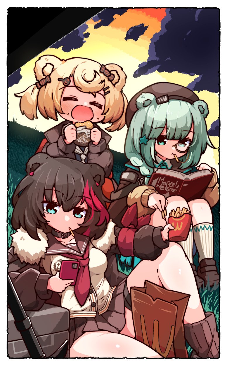 3girls =_= animal_ears aqua_hair arknights armband bear_ears bear_girl black_jacket black_shirt blonde_hair book border breasts brown_footwear brown_hair brown_jacket brown_sailor_collar brown_skirt burger candy_hair_ornament cellphone closed_eyes cloud collared_shirt commentary_request eating feet_out_of_frame food food-themed_hair_ornament french_fries fur-trimmed_jacket fur_trim green_eyes green_necktie gummy_(arknights) hair_ornament highres hill istina_(arknights) jacket kado_(hametunoasioto) legs_apart loafers lollipop_hair_ornament looking_at_phone looking_down medium_breasts monocle multicolored_hair multiple_girls neckerchief necktie open_book open_mouth outdoors phone pleated_skirt reading red_hair red_neckerchief sailor_collar shirt shoes short_hair skirt socks streaked_hair sunset two_side_up upper_body wcdonald's white_neckerchief white_shirt white_socks yoru_mac zima_(arknights)