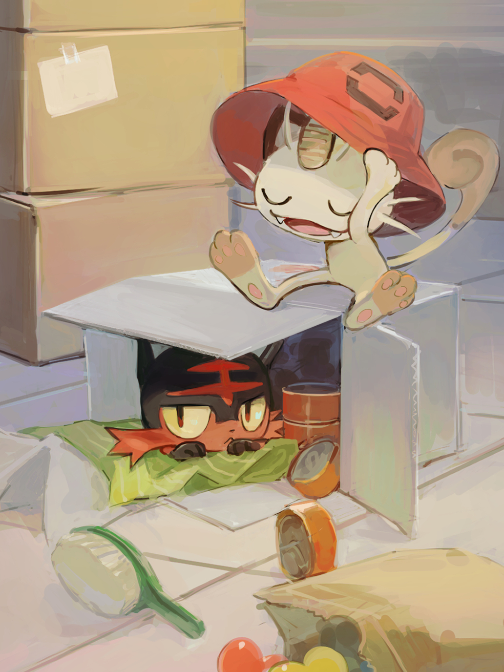 bag box cardboard_box closed_eyes clothed_pokemon fangs hair_brush hat highres litten lying maumaujanken meowth no_humans open_mouth paper_bag pokemon pokemon_(creature) sitting smile u_u