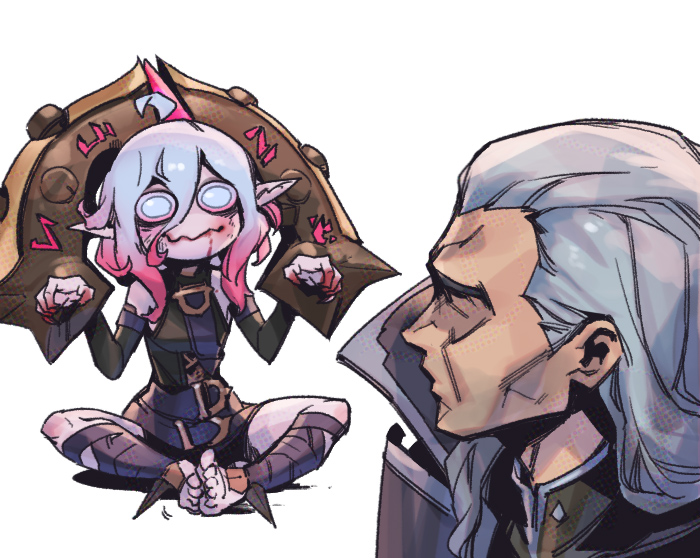 1boy 1girl ahoge belt black_belt black_jacket blood_on_mouth briar_(league_of_legends) closed_mouth colored_sclera colored_skin commentary detached_sleeves feet grey_hair hair_between_eyes hair_slicked_back jacket league_of_legends long_hair looking_at_another looking_at_viewer no_pupils phantom_ix_row pink_hair pointy_ears red_sclera sidelocks simple_background sitting spread_legs swain_(league_of_legends) symbol-only_commentary toeless_footwear toes vampire white_background white_eyes wrist_cuffs