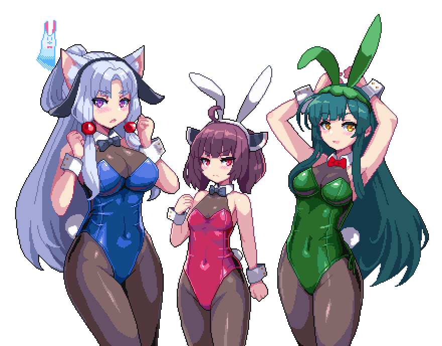 3girls ahoge animal_ears arms_behind_head black_pantyhose blue_bow blue_bowtie blue_leotard bow bowtie breasts brown_hair cat_ears cleavage closed_mouth commentary covered_navel cowboy_shot detached_collar e79 green_hair green_leotard groin headgear large_breasts leotard long_hair looking_at_viewer medium_breasts multiple_girls open_mouth pantyhose pixel_art purple_eyes rabbit_ears rabbit_tail red_bow red_bowtie red_eyes red_leotard short_hair sidelocks simple_background small_breasts tail touhoku_itako touhoku_kiritan touhoku_zunko voiceroid white_background white_hair wrist_cuffs yellow_eyes