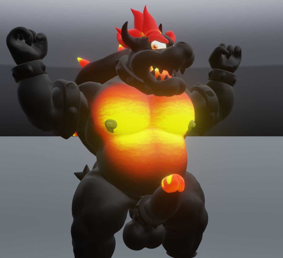 angry balls blender_(software) blender_eevee bowser bowser's_fury chubby_male dark_sky dickring dragon erection fury_bowser genitals glowing glowing_genitalia glowing_penis goeybowser koopa male mario_(series) mario_bros monster nintendo nipples nude_male pecs penis reptile scalie solo turtle