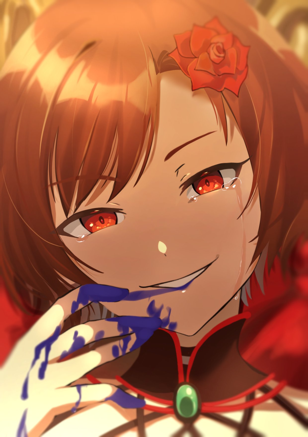 1girl ak_110526 banica_conchita black_choker blood blood_in_mouth blood_on_hands blue_blood blurry blurry_background brooch brown_hair choker close-up crying crying_with_eyes_open detached_collar drug_of_gold_(vocaloid) evil_smile evillious_nendaiki false_smile flower grin hair_flower hair_ornament head_tilt highres jewelry looking_at_viewer meiko_(vocaloid) off_shoulder orange_eyes project_sekai red_eyes red_flower red_rose rose short_hair single_tear smile streaming_tears tearing_up tears throne vocaloid