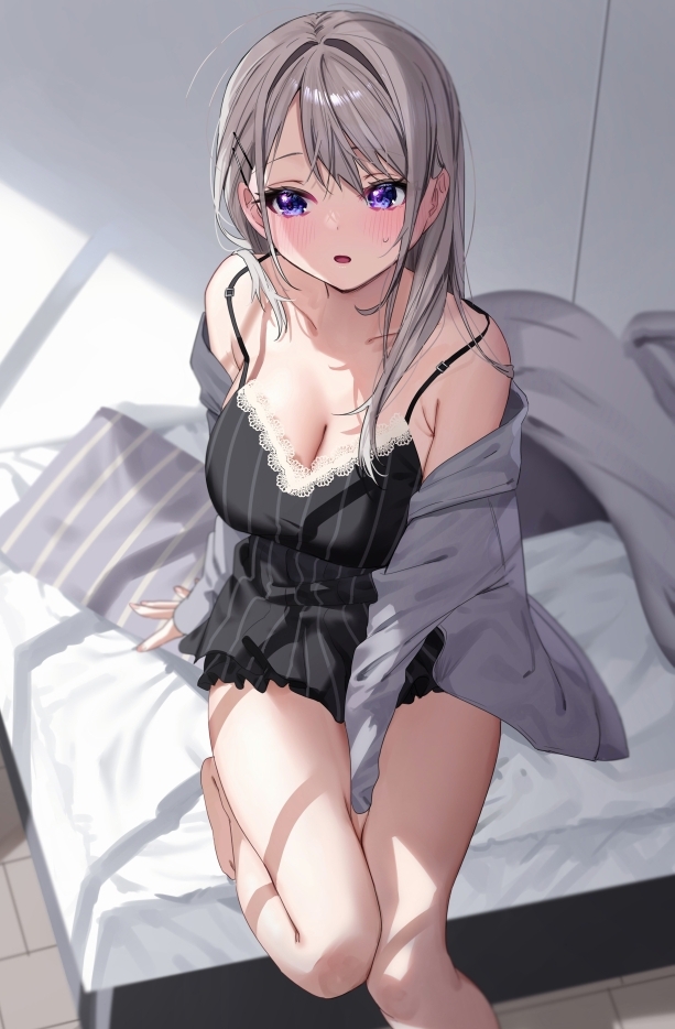 1girl :o arm_at_side averting_eyes bare_legs bare_shoulders barefoot bed between_legs black_camisole blurry blurry_background blush breasts camisole chigusa_minori cleavage collarbone day embarrassed eyelashes foot_out_of_frame grey_hair grey_jacket hair_between_eyes hand_between_legs indoors jacket knees_together_feet_apart lace_trim large_breasts long_hair long_sleeves looking_to_the_side off_shoulder on_bed open_clothes open_jacket open_mouth original pillow purple_eyes sideways_glance sitting sleeves_past_wrists solo spaghetti_strap straight_hair striped striped_camisole sunlight sweatdrop swept_bangs vertical_stripes