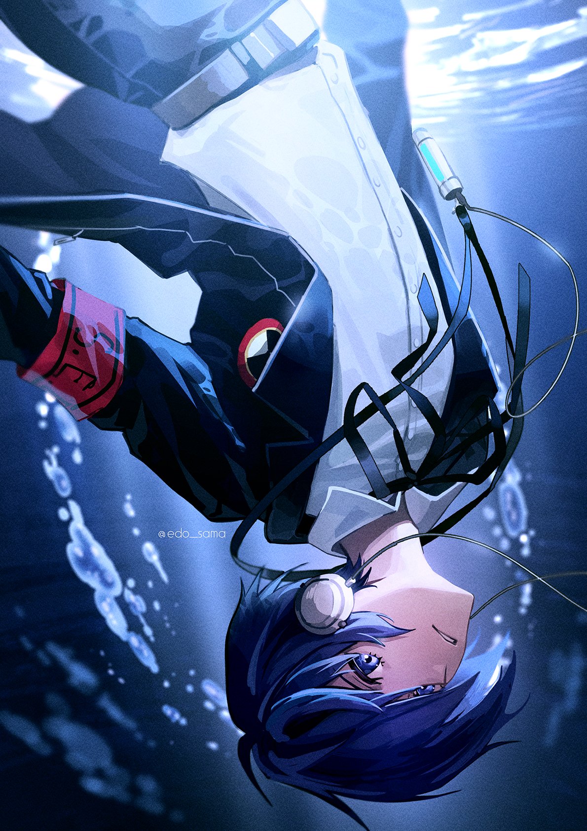 1boy air_bubble black_jacket black_pants black_ribbon blue_eyes blue_hair bubble caustics digital_media_player edo-sama floating_clothes gekkoukan_high_school_uniform headphones highres jacket male_focus neck_ribbon pants parted_lips persona persona_3 persona_3_reload red_armband ribbon school_uniform shirt short_hair teeth twitter_username underwater upper_body upside-down white_shirt yuuki_makoto