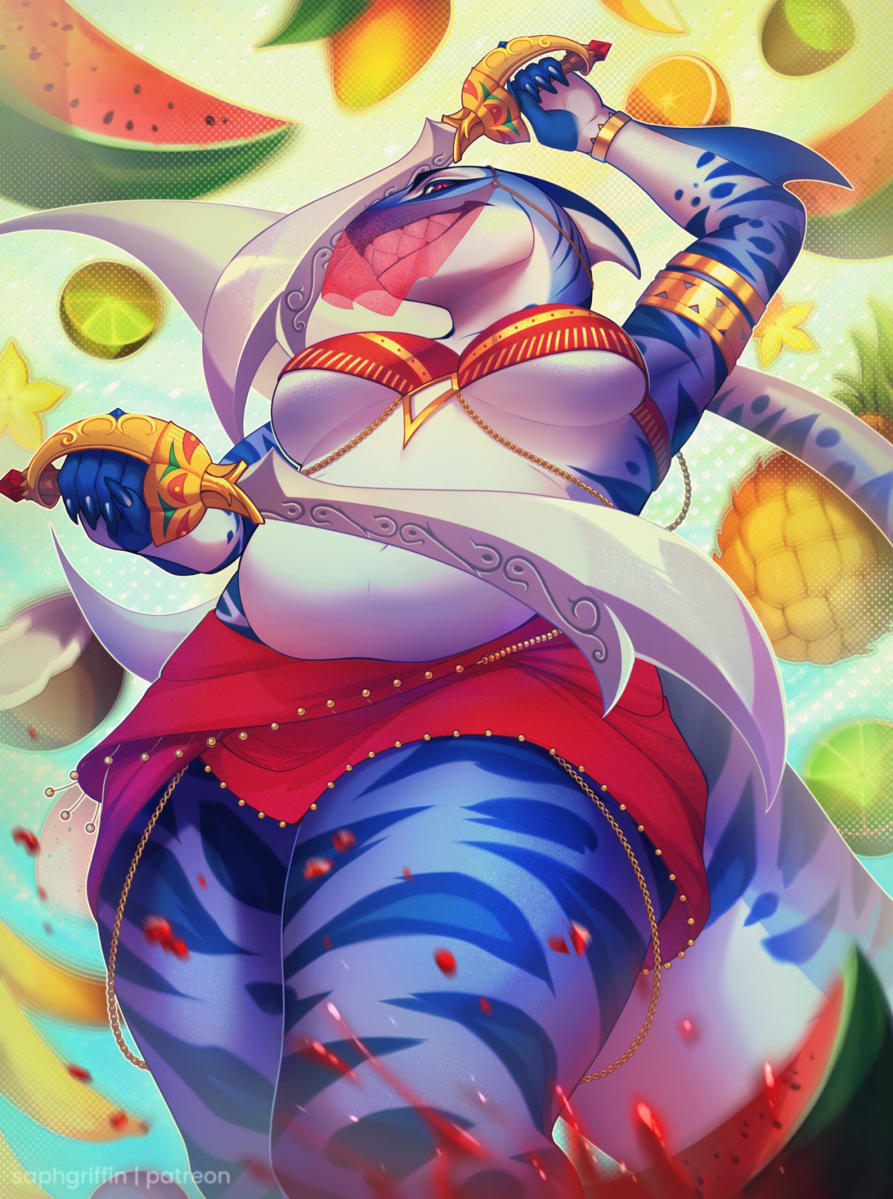 5_fingers accessory anthro armband banana belly bellydancer_outfit big_breasts blue_body blue_skin bottomwear bracelet breasts claws clothed clothing coconut digital_media_(artwork) drupe_(fruit) face_veil female fin fingers fish food fruit hi_res holding_object holding_sword holding_weapon jewelry lemon lime looking_at_viewer mango_(fruit) marine melee_weapon melon pineapple plant pupils purple_eyes saphgriffin scimitar shark sharp_teeth slightly_chubby slit_pupils smile solo standing star_fruit striped_body stripes sword tail teeth topwear veil watermelon weapon white_body white_skin