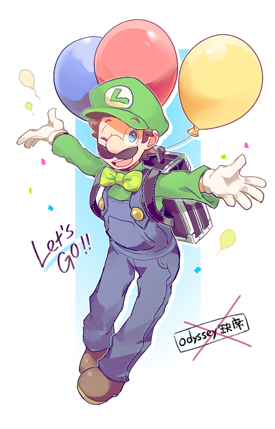 1boy ;d arms_up backpack bag balloon blue_background blue_eyes blue_overalls blue_pants bow bowtie brown_bag brown_footwear brown_hair buttons commentary_request confetti english_text facial_hair full_body gloves green_bow green_bowtie green_headwear green_shirt hat kayako_(bimabima) long_sleeves looking_at_viewer luigi male_focus mario_(series) mustache one_eye_closed open_mouth overalls pants shirt shoes short_hair simple_background smile solo teeth upper_teeth_only white_background white_gloves