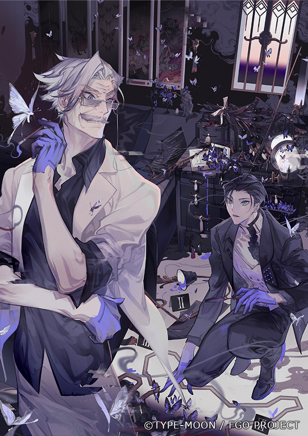 2boys aqua_eyes bed black_flower black_footwear black_hair black_jacket black_pants black_shirt black_suit bouquet bug butterfly chalk_outline collared_shirt copyright_notice cowboy_shot crime_scene drawer evidence_markers eye_contact eyewear_strap facial_hair fate/grand_order fate_(series) figure flower full_body glasses gloves grey_hair hair_slicked_back half_gloves holding holding_smoking_pipe indoors jacket james_moriarty_(archer)_(fate) lamp lapel_pin lapels long_sleeves looking_at_another looking_back looking_up male_focus mature_male molatoliamu multiple_boys mustache notched_lapels official_art old old_man on_one_knee open_clothes open_collar open_jacket painting_(object) pants paper parted_lips pillow purple_butterfly purple_eyes purple_gloves sherlock_holmes_(fate) shirt short_hair sleeves_rolled_up smile smoke smoking_pipe suit tassel tulip turtleneck untucked_shirt vest white_butterfly white_jacket white_pants white_shirt white_vest window wrinkled_skin