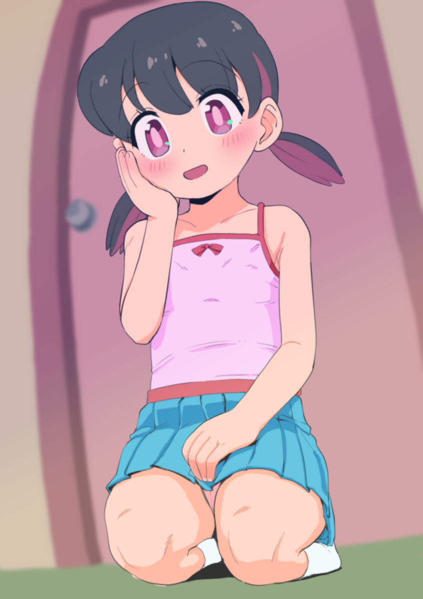 1girl :d bare_arms bare_shoulders black_hair blue_skirt blurry blurry_background blush bow bright_pupils camisole collarbone door doraemon flat_chest full_body hair_between_eyes hand_on_lap hand_on_own_cheek hand_on_own_face hand_up head_tilt highres indoors minamoto_shizuka multicolored_hair open_mouth panties pantyshot pink_camisole pink_panties pleated_skirt purple_eyes purple_hair red_bow seiza short_hair short_twintails sitting skirt smile socks solo takahashi_note twintails underwear white_socks