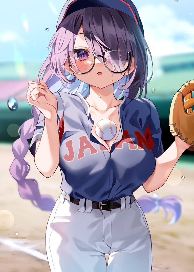 1girl ball baseball baseball_cap baseball_jersey baseball_mitt baseball_stadium baseball_uniform belt black-framed_eyewear black_belt blue_headwear blue_shirt blue_sky blurry blurry_background blush braid braided_ponytail breasts chihiro_(khorosho) cleavage clothes_writing commentary_request cowboy_shot day eyelashes fingernails glasses hair_over_one_eye hair_ribbon hat large_breasts looking_at_viewer low_ponytail nail_polish object_on_breast original pants pink_nails purple_eyes purple_hair ribbon semi-rimless_eyewear shirt short_sleeves sky solo sportswear standing sunlight sweatdrop under-rim_eyewear white_pants white_ribbon