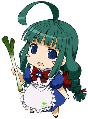 1girl :d ahoge apron blue_dress blue_eyes blunt_bangs blush blush_stickers bow bowtie braid brooch chibi commentary_request dress flat_chest frilled_apron frills full_body green_hair jewelry long_hair looking_at_viewer lowres maid maid_apron maso_(ascii_art) me-tan medium_bangs open_mouth os-tan personification puffy_sleeves red_bow red_bowtie simple_background smile solo spring_onion standing twin_braids twintails white_apron white_background
