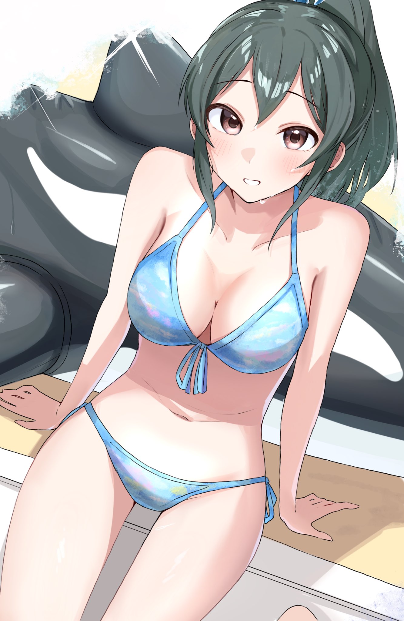 1girl arm_support ban_(puka_0507) bare_shoulders bikini blue_bikini blush breasts brown_eyes cleavage collarbone dot_nose front-tie_bikini_top front-tie_top green_hair highres idolmaster idolmaster_cinderella_girls idolmaster_cinderella_girls_starlight_stage inflatable_dolphin inflatable_toy long_hair looking_at_viewer medium_breasts navel ohishi_izumi open_mouth ponytail side-tie_bikini_bottom sitting smile solo swimsuit