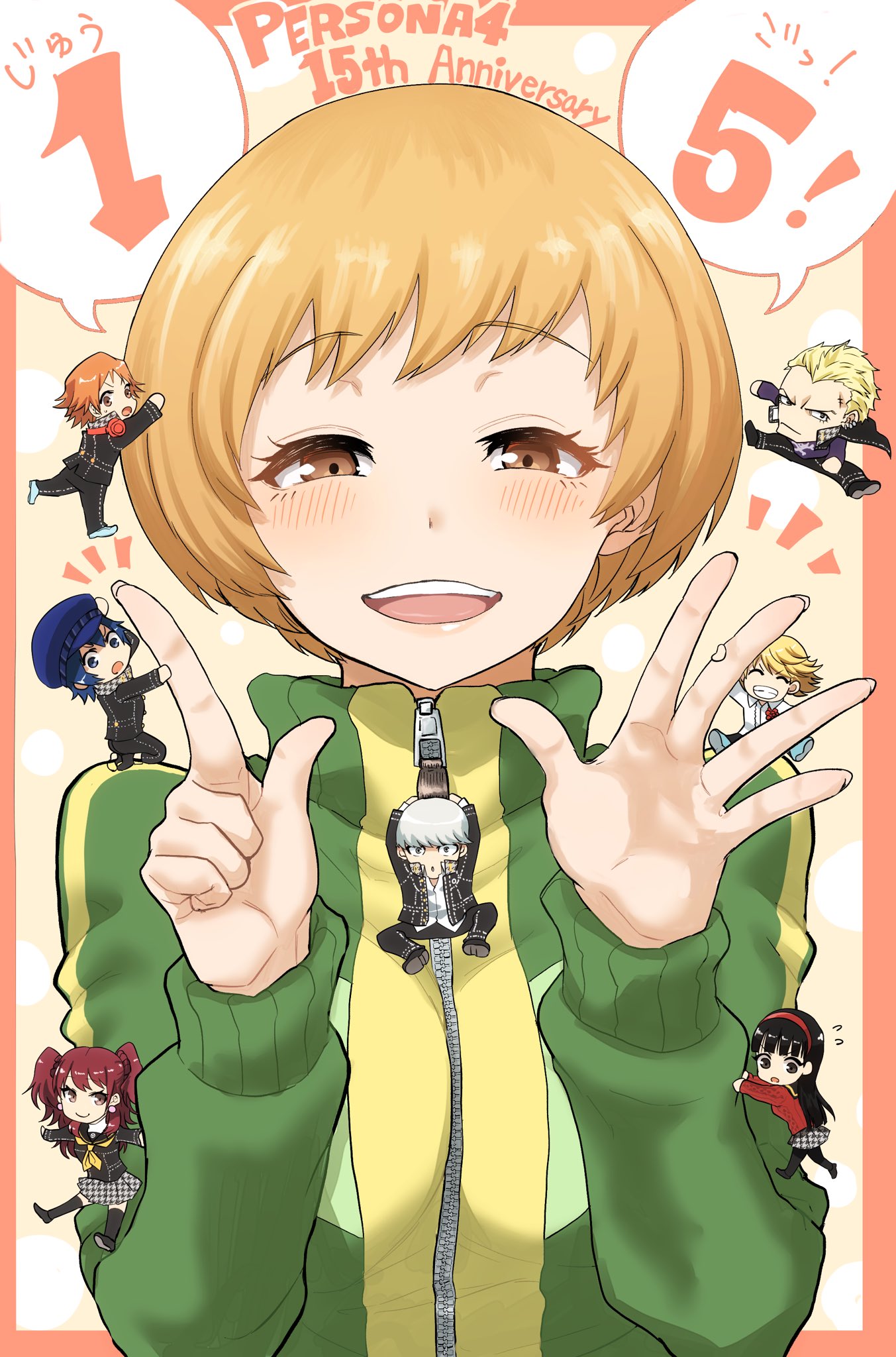 4boys 4girls amagi_yukiko anniversary black_pants black_pantyhose black_socks blonde_hair blue_hair border breasts brown_eyes brown_hair chibi copyright_name crossdressing green_jacket grey_hair hanamura_yousuke hands_up headphones headphones_around_neck highres jacket kujikawa_rise kuma_(persona_4) kurosususu long_hair long_sleeves looking_at_viewer medium_hair multiple_boys multiple_girls narukami_yuu open_mouth orange_border orange_hair pants pantyhose persona persona_4 red_hair satonaka_chie school_uniform shirogane_naoto short_hair smile socks speech_bubble swept_bangs tatsumi_kanji teeth track_jacket twintails upper_body upper_teeth_only yasogami_school_uniform zipper