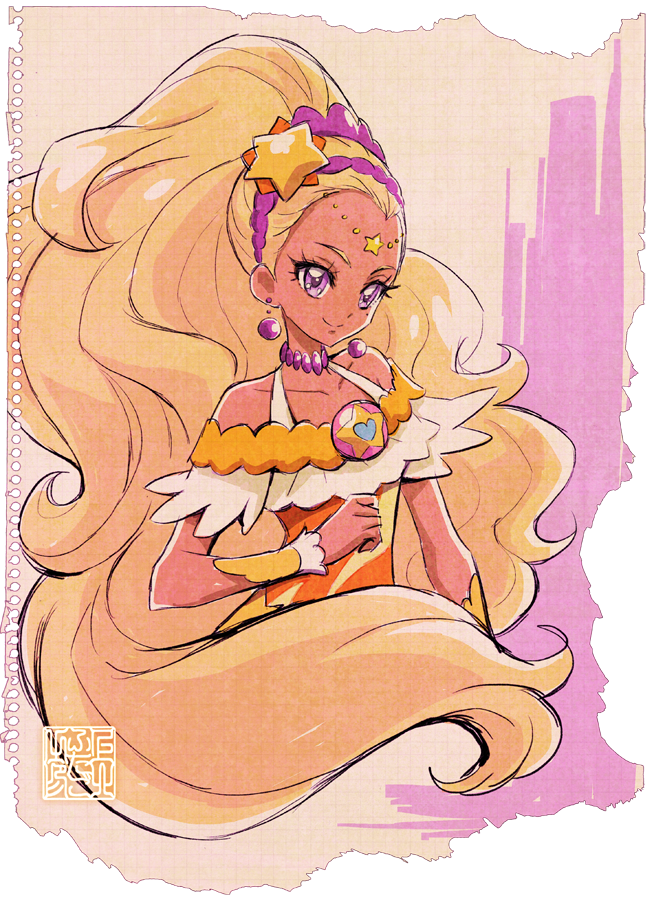 1girl amamiya_elena artist_logo bare_shoulders blonde_hair commentary_request cure_soleil dark-skinned_female dark_skin dress earrings english_commentary eyelashes hair_ornament happy jewelry kamikita_futago looking_at_viewer magical_girl official_art orange_dress paper_background partial_commentary precure purple_eyes signature simple_background smile solo star_twinkle_precure watercolor_background wrist_cuffs