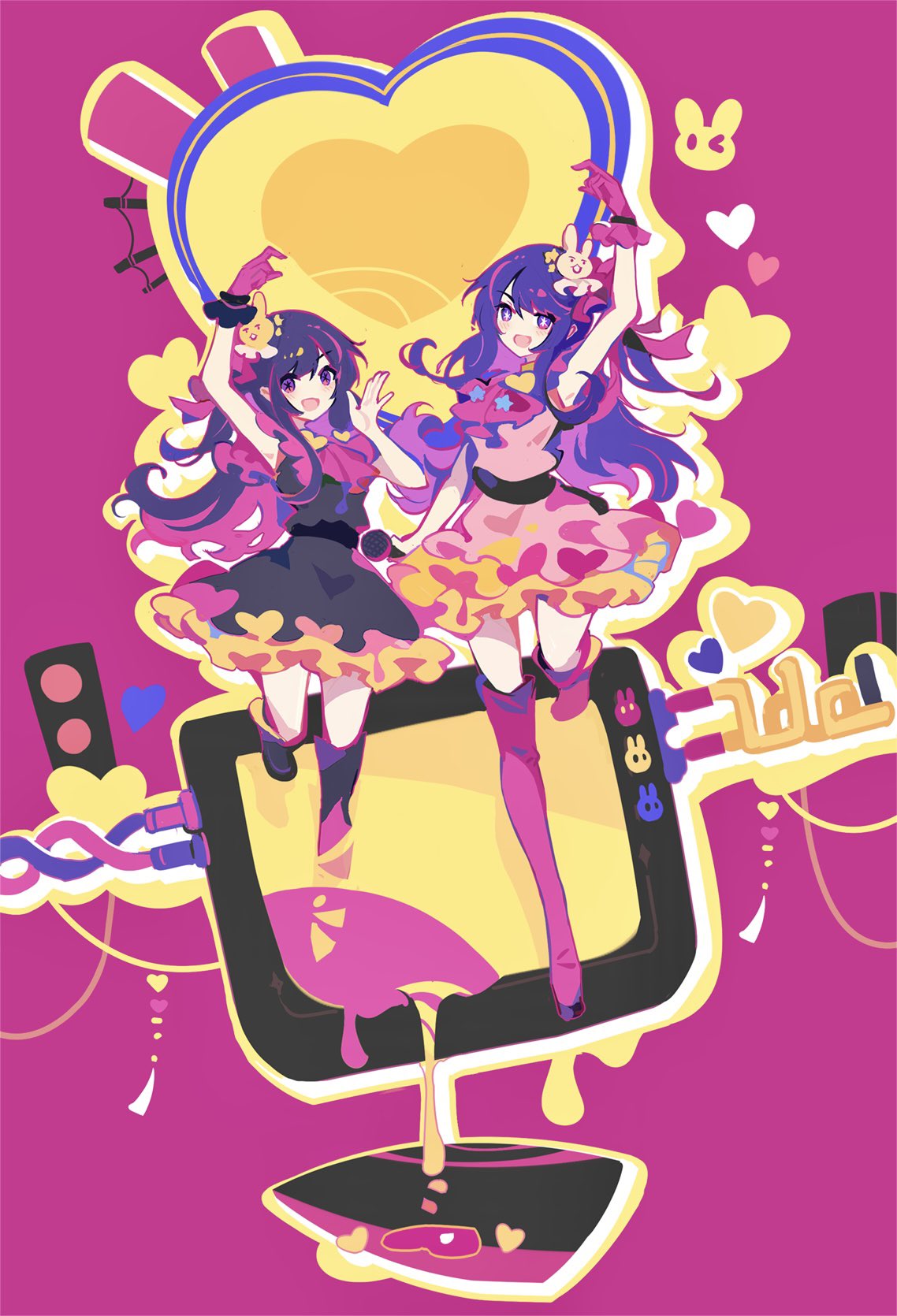 1girl :d boots cable dress full_body gloves heart highres holding holding_microphone hoshino_ai_(oshi_no_ko) ideolo long_hair microphone monitor oshi_no_ko pink_background purple_eyes purple_hair sidelocks single_glove smile solo star-shaped_pupils star_(symbol) symbol-shaped_pupils thigh_boots