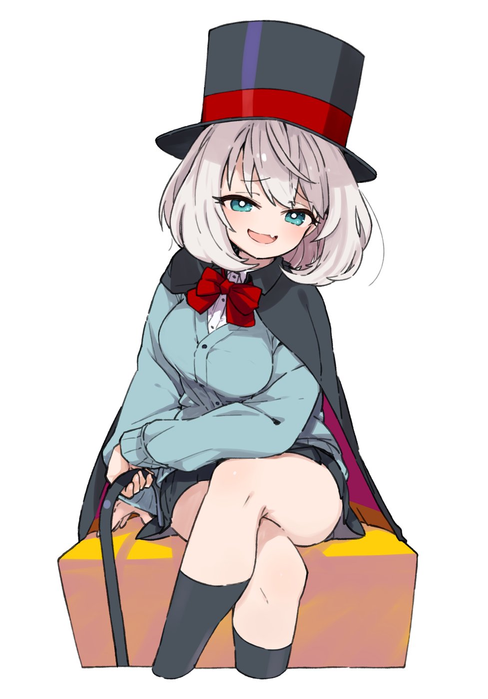 1girl :d black_cape black_headwear black_socks blue_cardigan bow bowtie breasts cane cape cardigan crossed_legs fang green_eyes grey_hair hat highres holding holding_cane large_breasts long_sleeves looking_at_viewer magician mota multicolored_cape multicolored_clothes open_mouth pleated_skirt red_bow red_bowtie school_uniform short_hair sitting skirt smile socks solo tejina_senpai tejina_senpai_(series) top_hat white_background