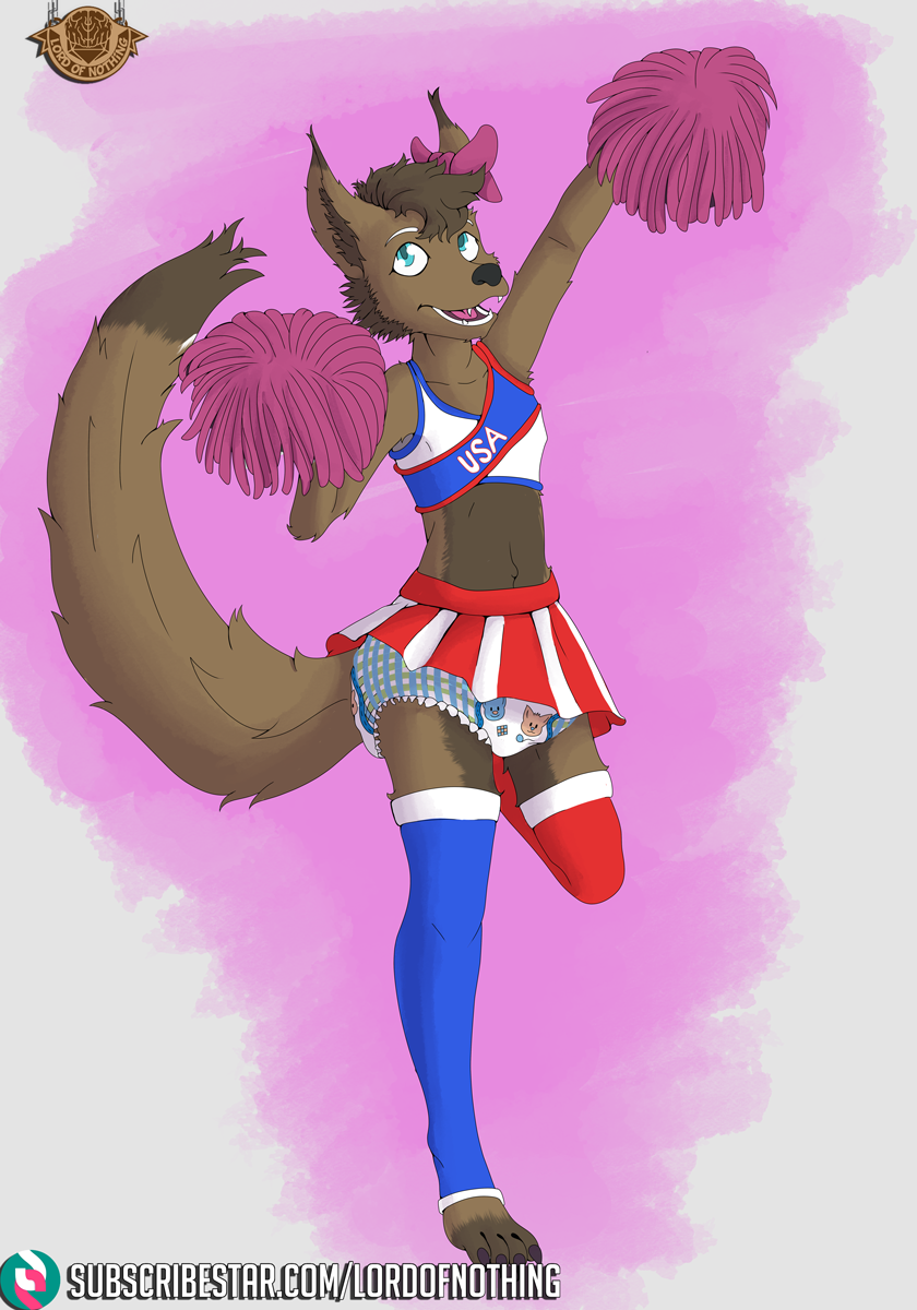 accessory bow_ribbon canid canine canis cheerleader diaper fur girly hair_accessory hair_bow hair_ribbon hi_res lordofnothin1 mammal multicolored_body multicolored_fur pom_poms ribbons two_tone_body two_tone_fur wolf