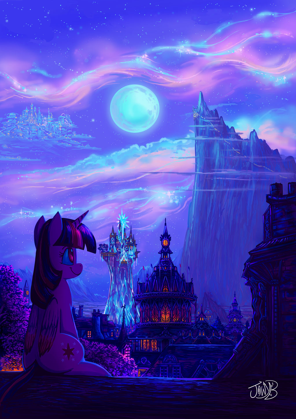 building canterlot castle cloud cloudsdale detailed_background equid equine friendship_is_magic full_moon fur hair hasbro hi_res horn house jowybean mammal moon my_little_pony pink_body pink_fur ponyville purple_eyes purple_hair sitting star town_hall tree_house twilight_sparkle_(mlp) winged_unicorn wings