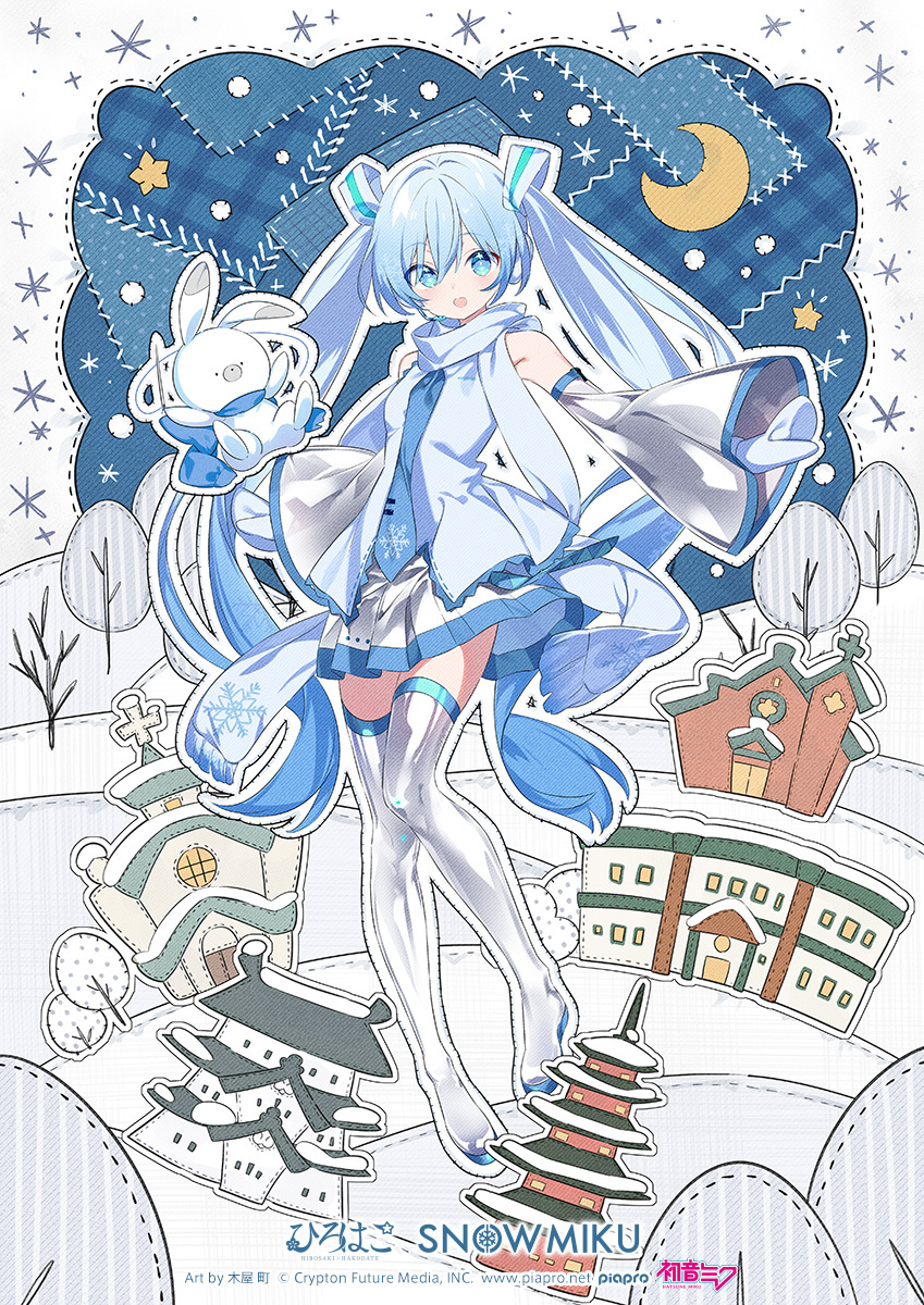 1girl animal aomori_prefecture architecture bare_shoulders bare_tree blue_eyes blue_hair blue_necktie blue_scarf boots building castle commentary crescent_moon crypton_future_media detached_sleeves earmuffs east_asian_architecture full_body grey_skirt grey_sleeves grey_thighhighs hair_ornament hatsune_miku headset highres hirosaki_castle holding_sewing_needle kiya_machi landmark light_blue_hair long_hair looking_at_viewer miniskirt moon necktie night official_art open_mouth pagoda piapro pleated_skirt rabbit rabbit_yukine scarf second-party_source shiny_clothes shirt skirt sleeveless sleeveless_shirt smile snowflake_print snowflakes solo star_(symbol) stitches thigh_boots thighhighs thread tree twintails very_long_hair vocaloid white_mittens white_scarf white_shirt yuki_miku yuki_miku_(2011)