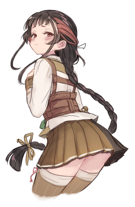 1girl black_hair blush braid brown_eyes brown_skirt brown_thighhighs closed_mouth cowboy_shot cropped_legs from_behind kantai_collection long_hair long_sleeves military military_uniform pleated_skirt shirt simple_background single_braid skirt solo terrajin thighhighs uniform very_long_hair white_background yamashio_maru_(kancolle)