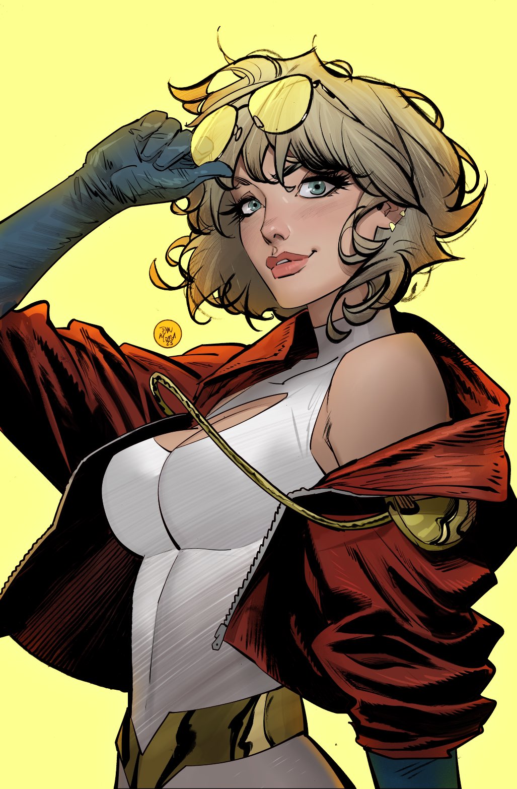 1girl adjusting_eyewear aviator_sunglasses blonde_hair blue_eyes blue_gloves breasts cleavage cleavage_cutout clothing_cutout comic_cover cover_image dan_mora dc_comics eyewear_on_head from_side gloves gold_belt hand_on_eyewear highres jacket medium_breasts off_shoulder official_art parted_lips pink_lips power_girl red_jacket short_hair smile solo sunglasses western_comics_(style)