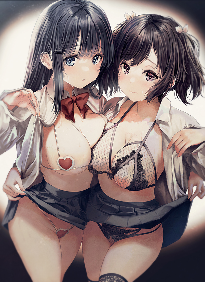2girls asymmetrical_docking black_bra black_eyes black_hair black_panties black_skirt black_thighhighs blue_eyes bow bowtie bra breast_press breasts cleavage closed_mouth clothes_lift commentary commission crotchless crotchless_panties dress_shirt fishnet_bra flower frown hair_flower hair_ornament hairclip heart heart_bra heart_panties heart_print kurono_mitsuki large_breasts lifted_by_another light_frown long_hair looking_at_viewer medium_breasts micro_bra micro_panties miniskirt multiple_girls nippleless_clothes open_clothes open_shirt opened_by_self original panties parted_lips pleated_skirt print_panties red_bow red_bowtie red_bra red_panties school_uniform shirt short_hair side-by-side skeb_commission skirt skirt_lift standing straight_hair sweat thighhighs twintails underwear white_shirt wing_collar