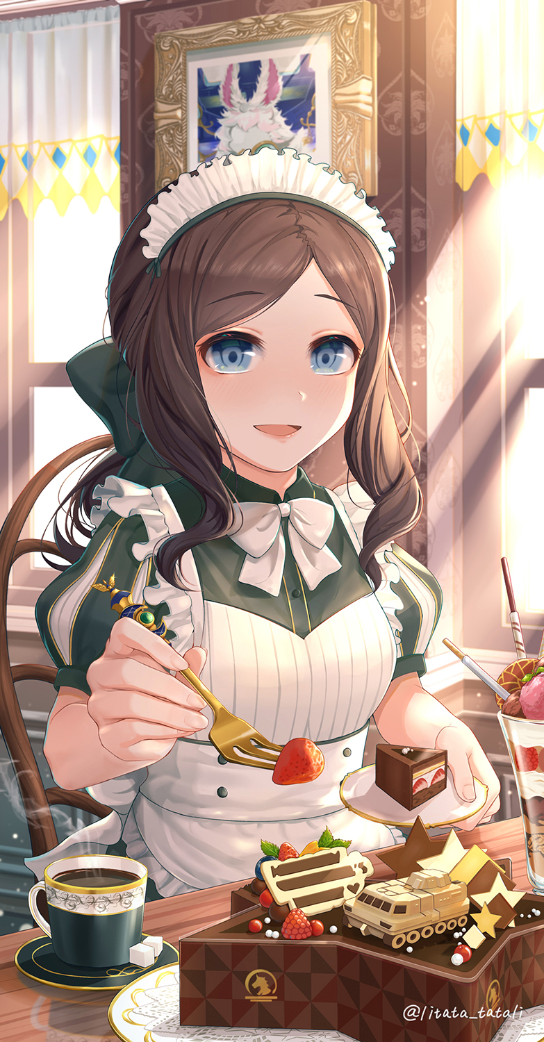 1girl aged_down alternate_costume apron blue_eyes bow bowtie brown_hair cake chocolate_cake closed_mouth coffee_mug cup dress drill_hair drill_sidelocks enmaided fate/grand_order fate_(series) food gift_art green_dress hair_bow highres incoming_food leonardo_da_vinci_(fate) leonardo_da_vinci_(rider)_(fate) litata long_hair looking_at_viewer low_ponytail maid maid_apron maid_headdress mixed-language_commentary mug open_mouth parted_bangs pov_across_table puffy_short_sleeves puffy_sleeves short_sleeves sidelocks smile solo twitter_username white_apron white_bow white_bowtie window
